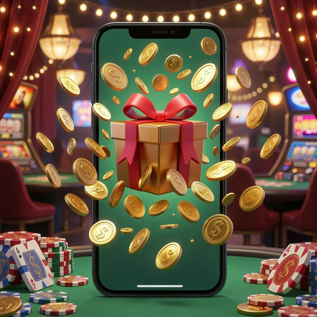Konsep aplikasi bonus kasino seluler RR 899 yang menampilkan layar ponsel dengan kotak hadiah dan koin yang meledak keluar dalam suasana kasino yang meriah Konsep aplikasi bonus kasino seluler RR 899 yang menampilkan layar ponsel dengan kotak hadiah dan koin yang meledak keluar dalam suasana kasino yang meriah