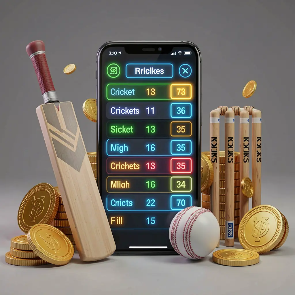 Ilustrasi 3D premium tentang taruhan kriket modern dengan ponsel pintar yang menampilkan antarmuka peluang kriket bercahaya, tongkat kriket, bola, gawang, dan koin emas di sekitarnya, menampilkan merek RR 899