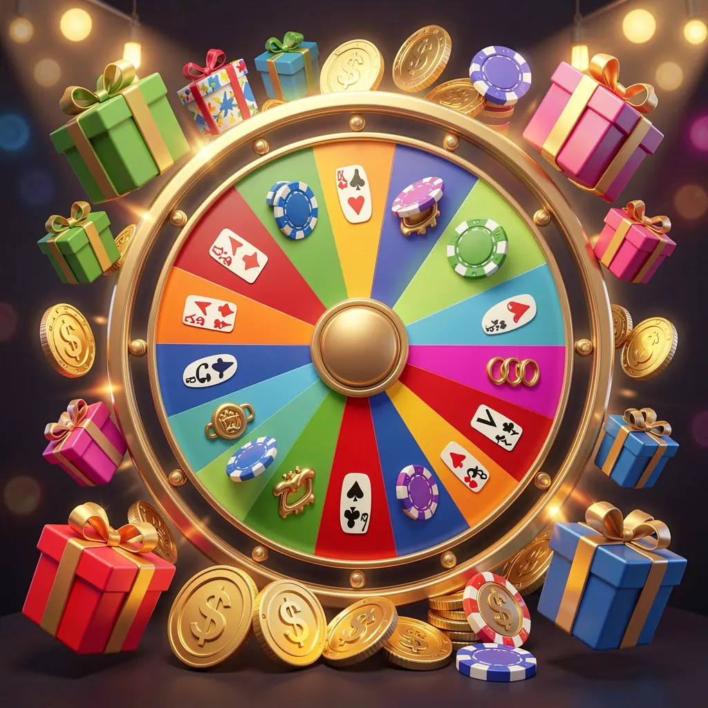 Roda bonus kasino daring RR 899 dengan roda hadiah berwarna-warni yang dikelilingi koin emas, chip, dan kotak hadiah, lampu kasino bercahaya menciptakan suasana jackpot yang mendebarkan di atas latar belakang gelap Roda bonus kasino daring RR 899 dengan roda hadiah berwarna-warni yang dikelilingi koin emas, chip, dan kotak hadiah, lampu kasino bercahaya menciptakan suasana jackpot yang mendebarkan di atas latar belakang gelap