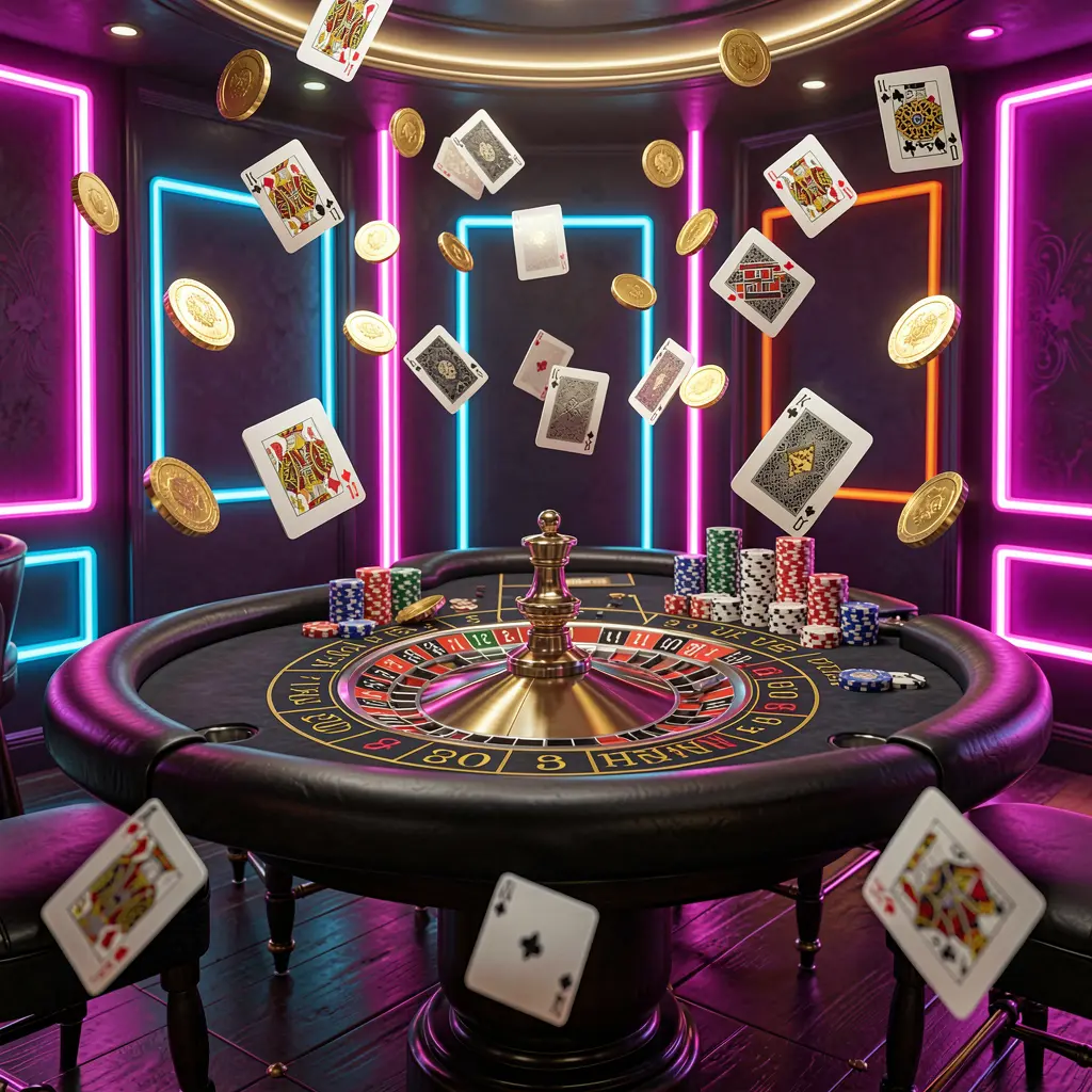 Meja rolet elegan dengan chip, kartu, dan koin emas yang melayang di udara di bawah pencahayaan neon dramatis, menampilkan permainan kasino premium oleh RR 899