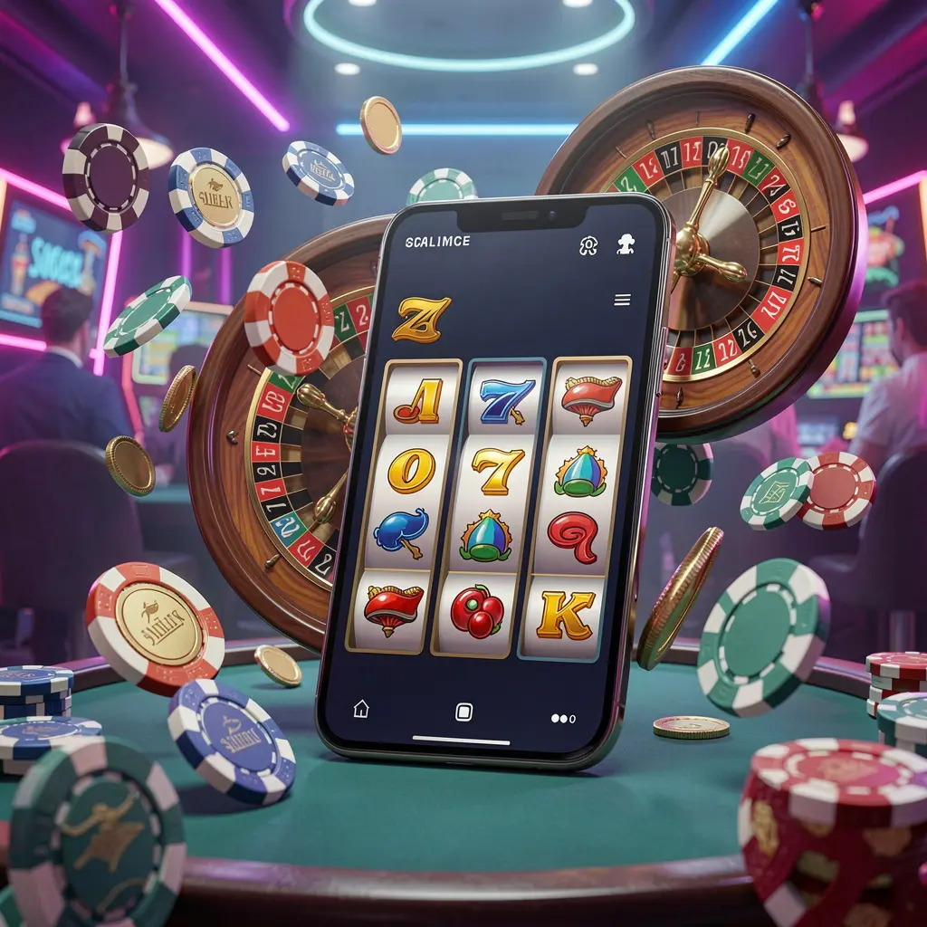 Konsep beranda hiburan kasino RR 899 yang menampilkan ponsel modern dikelilingi simbol slot, roda rolet, chip, dan koin yang melayang dengan latar belakang kasino neon dalam render 3D premium